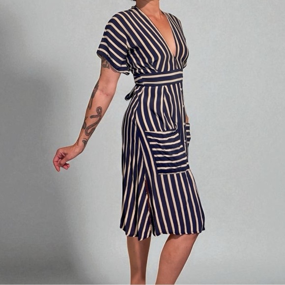 Faithfull the Brand Striped Open Back Milan Midi Dress Navy White Size S/4 - Picture 1 of 11